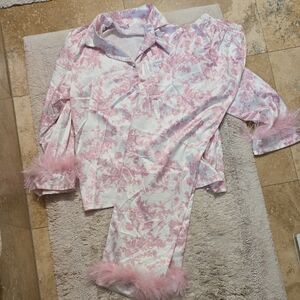 Pink and White Feather Trim Pajama Set